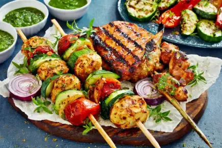 BBQ Flavoured Chicken Kebabs With Grilled Veggies & Minted Lamb Chops