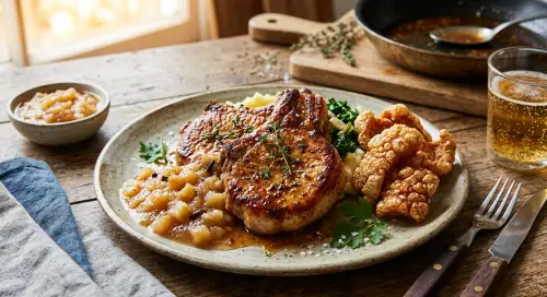 Click Here To Enlarge This Photo Of Pan Fried Pork Chops With Cider Glaze&comma; Spiced Apple Sauce & Crackling