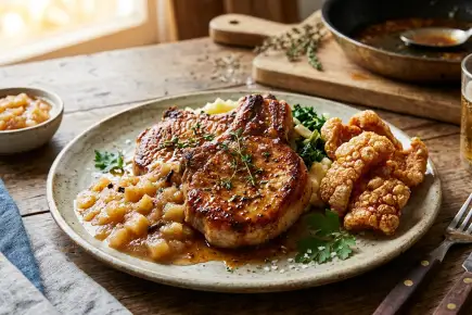 Pan Fried Pork Chops With Cider Glaze&comma; Spiced Apple Sauce & Crackling